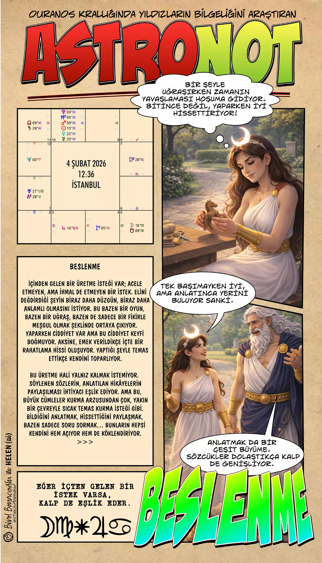 4 Şubat 2026 günlük astroloji – Beslenme teması, içten gelen üretme isteği ve kalpten katılım