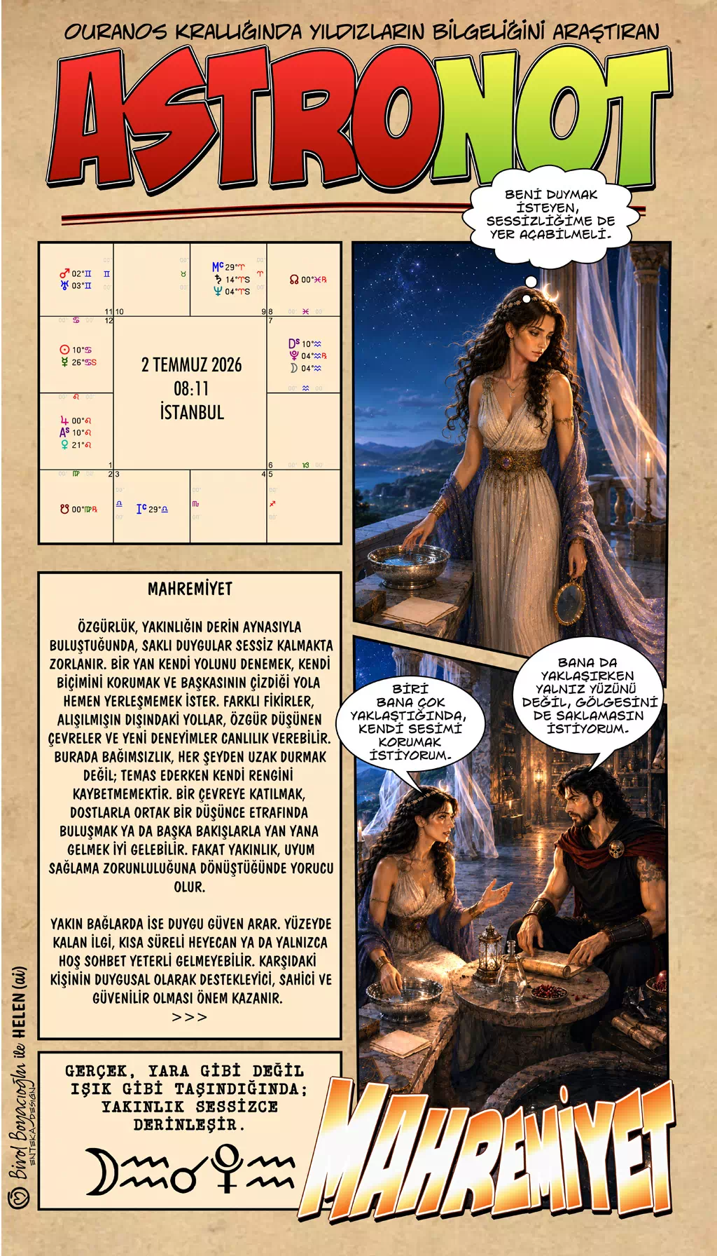 2 Temmuz 2026 günlük astroloji – Mahremiyet teması ve yakınlığın derinleşmesi