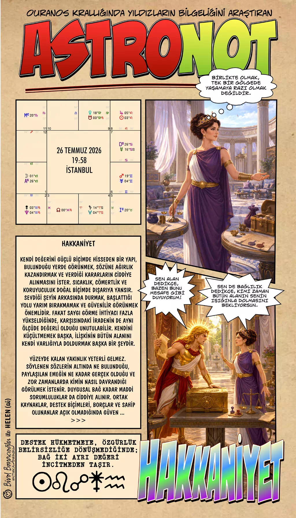 26 Temmuz 2026 günlük astroloji – Hakkaniyet teması ve bağda iki değeri koruma