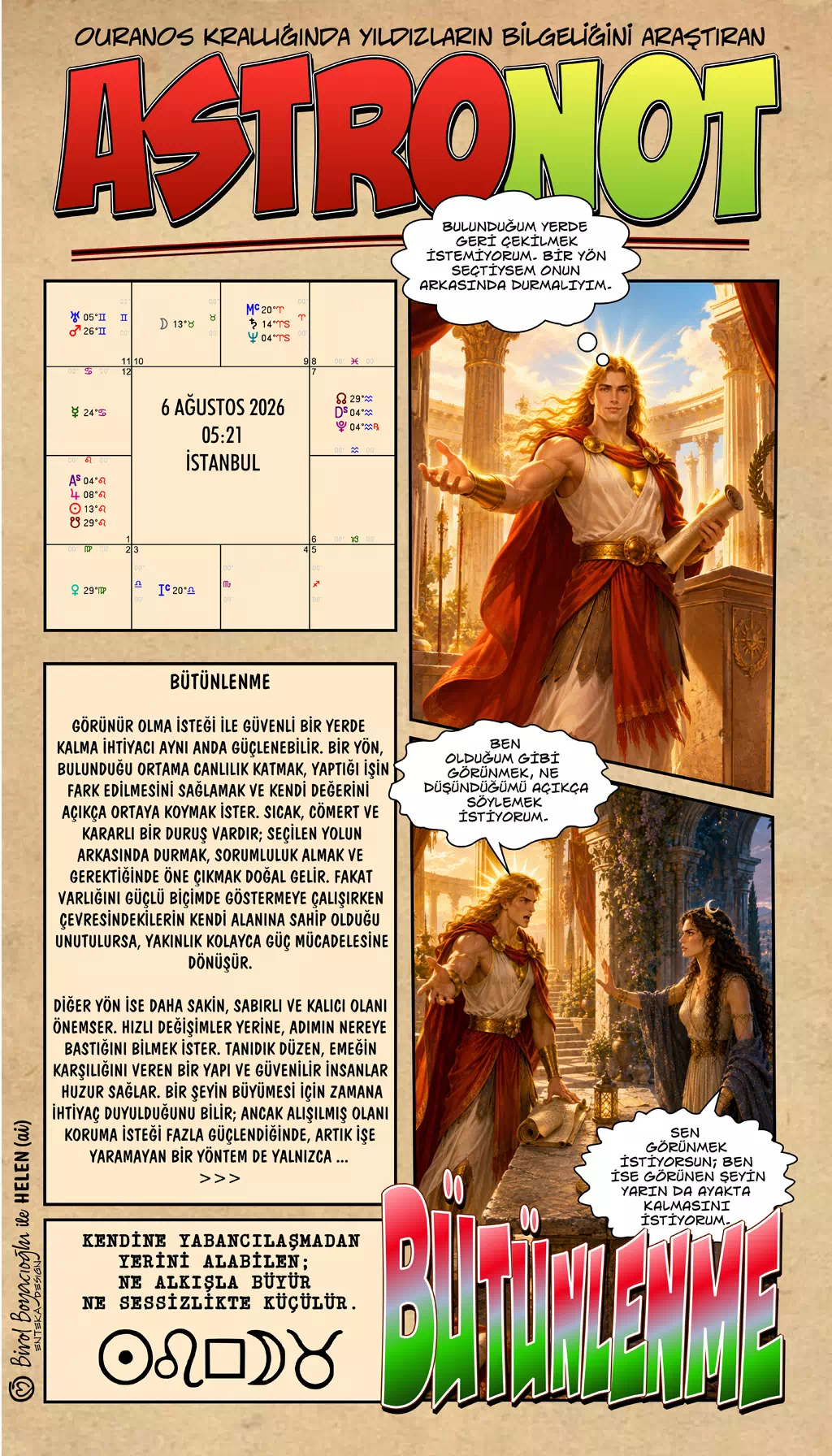 6 Ağustos 2026 günlük astroloji – Bütünlenme teması ve görünürlük ile iç denge arasında sağlam duruş