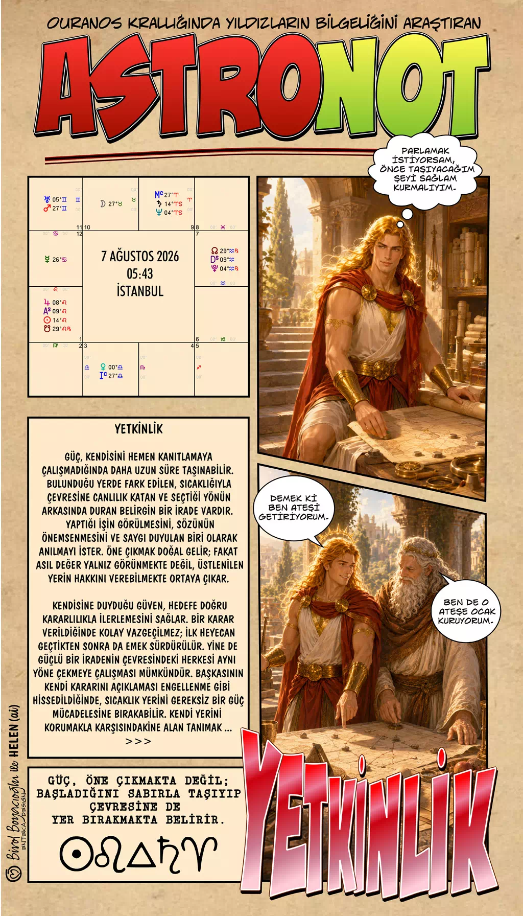 7 Ağustos 2026 günlük astroloji – Yetkinlik teması ve gücü sabırla taşıyan olgun duruş
