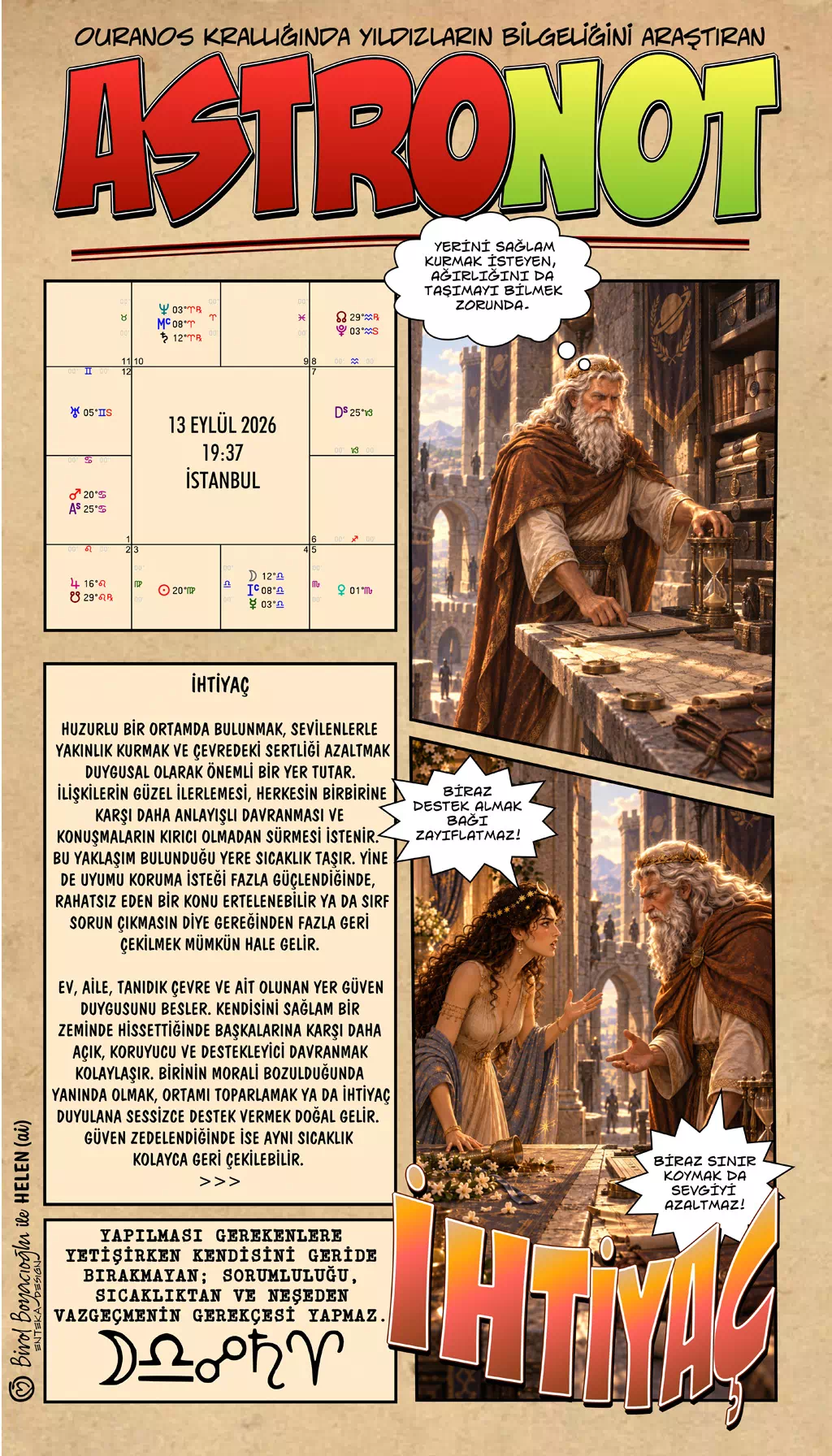 13 Eylül 2026 günlük astroloji – İhtiyaç teması ve sorumlulukları sürdürürken sıcaklık ile neşeyi geride bırakmama