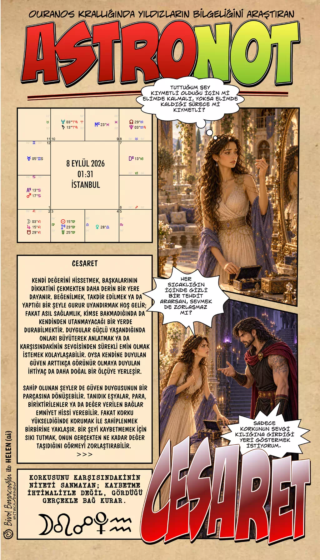 8 Eylül 2026 günlük astroloji – Cesaret teması ve güçlü duygular içinde korkuyla değil gerçekle bağ kurma