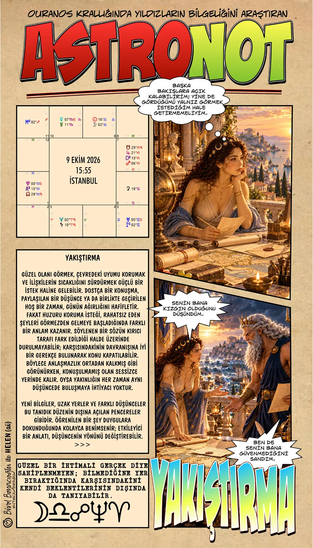 9 Ekim 2026 günlük astroloji – Yakıştırma teması ve ilişkilerde güzel ihtimalleri gerçekle karıştırmadan karşısındakini tanıyabilme